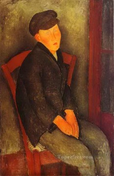  sentado Pintura al %C3%B3leo - niño sentado con gorra 1918 Amedeo Modigliani